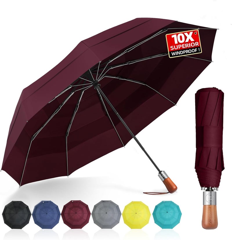 MasterUmbrella 3-Layer Vented Canopy Windproof Commuter Umbrella for Rain, Auto Open/Close, 10 Fiberglass Ribs, Wooden Handle, 13" Folded, 47" Large Coverage for 1–2 People, Lifetime Replacement - Image 1